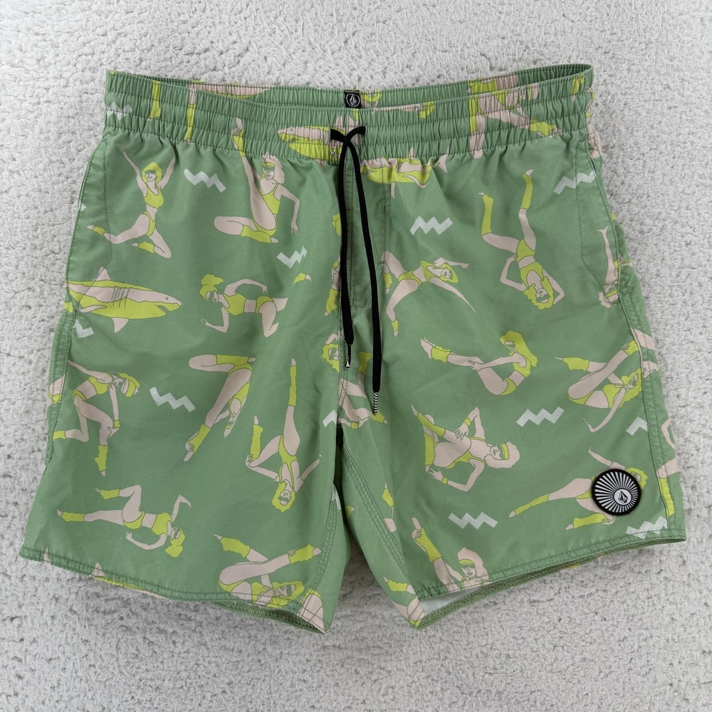 Volcom Swim Shorts Mens Medium Green Retro Graphic Trunks Mesh Lined Girls